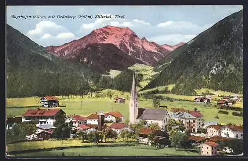 AK Mayrhofen /Tirol, Ortsansicht mit Grünberg im Zillertal
