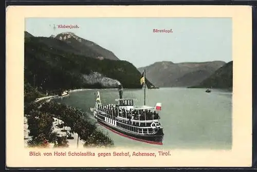 AK Achenkirch am Achensee, Fähre mit Blick auf Klobenjoch und Bärenkopf