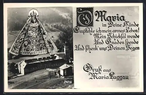 AK Maria Luggau, Teilansicht mit Wallfahrtskirche, Gnadenbild und Gebet