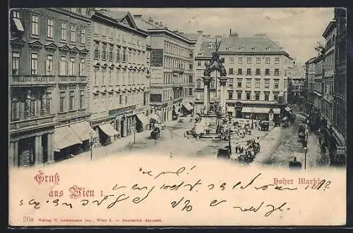 AK Wien, Hoher Markt, Häuserpartie mit Warenhaus Brüder Hirsch und Denkmal