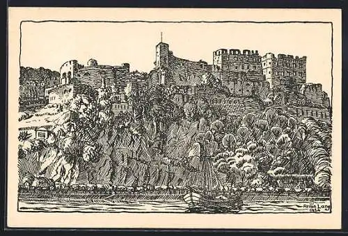 Künstler-AK St. Goar a. Rhein, Ruine Rheinfels