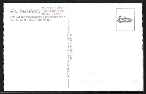 AK St. Goarshausen /Rhein, Weinrestaurant, Terrassen-Cafe, Hotel-Pension Am Teufelstein, Auf dem Patersberg