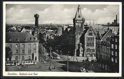AK Hamborn, Blick auf Rathaus und Post mit Strassenbahnen aus der Vogelschau