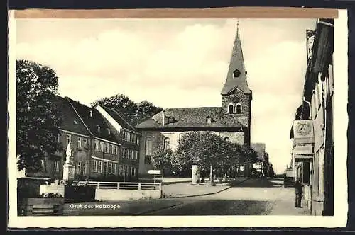 AK Holzappel, Strassenpartie mit Kirche und Denkmal