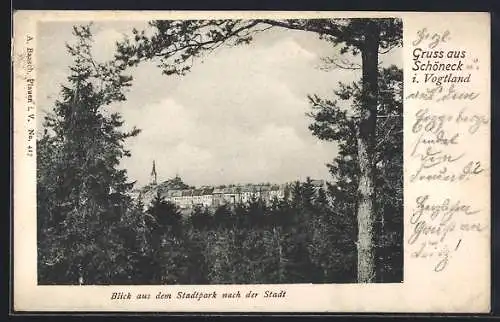 AK Schöneck i. Vogtland, Blick aus dem Stadtpark nach der Stadt
