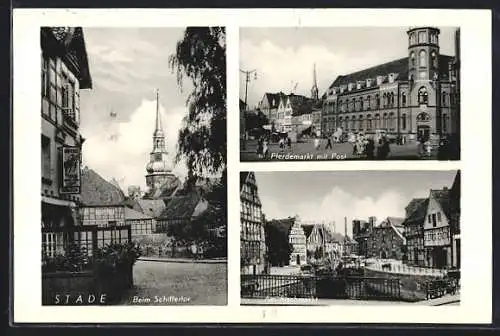 AK Stade, Beim Schillertor, Pferdemarkt mit Post, am Fischmarkt