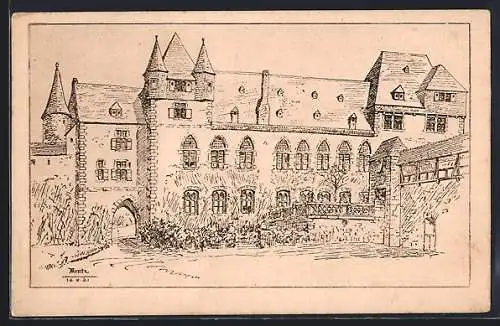 Künstler-AK Solingen-Burg a. d. Wupper, Schloss Burg-Wiederherstellung nach dem Brande