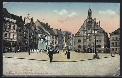 AK Plauen / Vogtland, Altmarkt mit König-Albert-Denkmal und Rathaus
