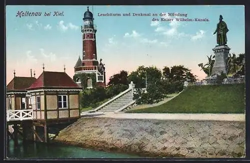 AK Holtenau b. Kiel, Leuchtturm und Denkmal an der Mündung des Kaiser Wilhelm-Kanals