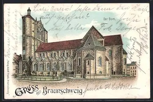 Lithographie Braunschweig, Strassenpartie am Dom