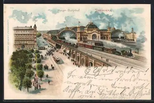 Lithographie Dresden, Ansicht vom Haupt-Bahnhof