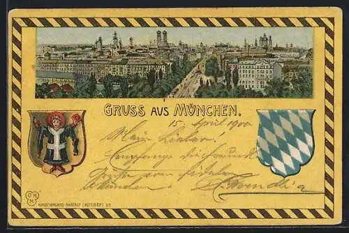 Künstler-AK München, Stadtansicht mit Münchner Kindl und Wappen