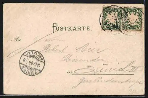 Künstler-AK München, Stadtansicht mit Münchner Kindl und Wappen