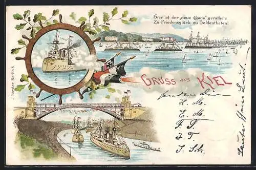 Lithographie Kiel, Kieler Woche, Kriegsschiffe