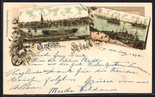 Lithographie Kiel, Totalansicht v. Gaarden aus, Kriegshafen m. Dampfschiffbrücke