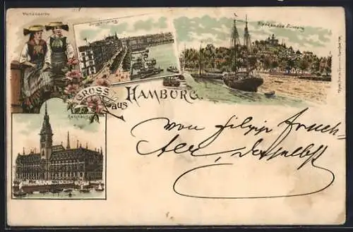 Lithographie Hamburg, Rathhaus, Jungfernstieg, Vierländerin, Blankenese Süllberg