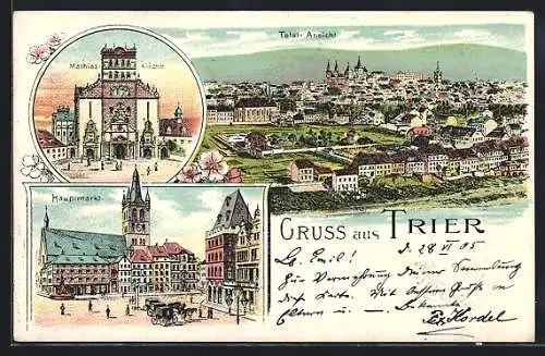 Lithographie Trier, Totalansicht, Mathias-Kirche, Hauptmarkt