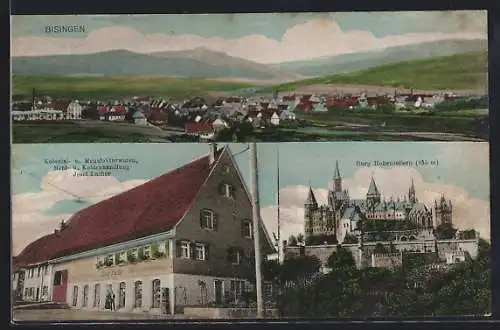 AK Bisingen, Totalansicht, Kolonial- und Manufakturwaren, Mehl- und Kohlenhandlung Josef Lacher, Burg Hohenzollern