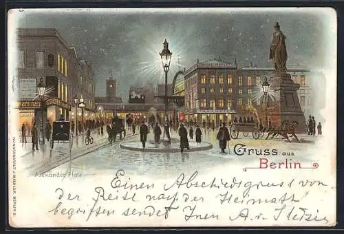 Lithographie Berlin, Menschen am Denkmal auf dem Alexanderplatz
