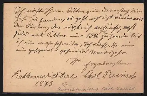 AK Rathenow Postkarte mit Korrespondenz Carl Reinisch 1873