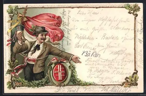 Präge-AK Turner mit Horn und Fahne, Wappen des DTB