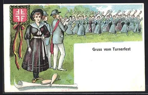 Künstler-AK Frauen mit Kegeln beim Turnfest, Frau mit Wappen des DTB