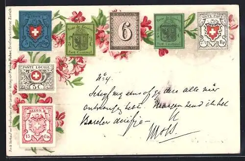 AK Schweizer Briefmarken mit Blumen verziert