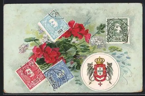 AK Briefmarken aus Portugal mit königl. Wappen und Blumen