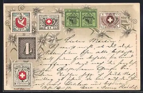 AK Basel, schweizer Briefmarken mit Edelwess verziert