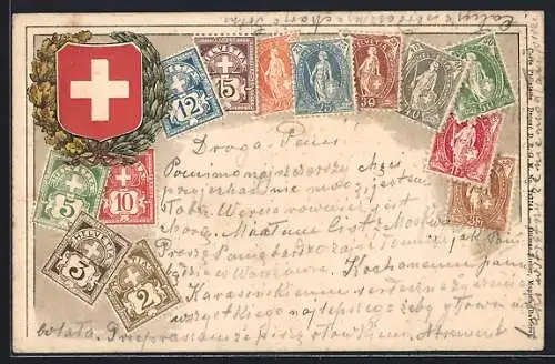 AK Schweizer Briefmarken mit Fahne im Kranz