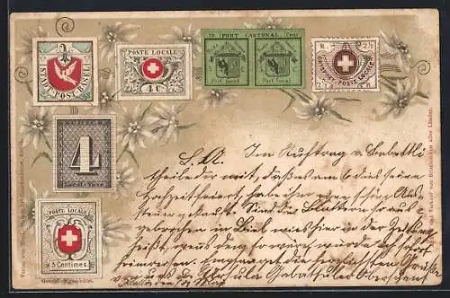 AK Basel, schweizer Briefmarken mit Edelwess verziert