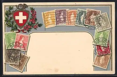 AK Schweizer Briefmarken mit Wappen