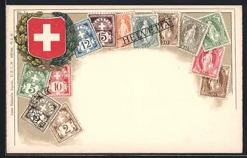 AK Schweizer Briefmarken und Wappen
