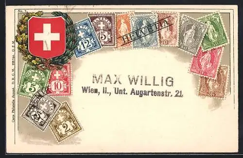 AK Schweizer Briefmarken mit Fahne im Kranz