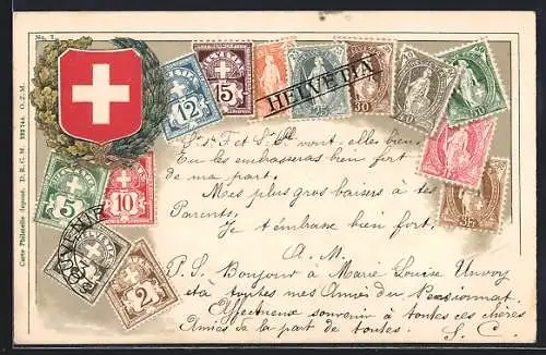 AK Schweizer Briefmarken mit Fahne im Kranz