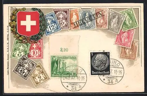 AK Schweizer Briefmarken mit Fahne im Kranz