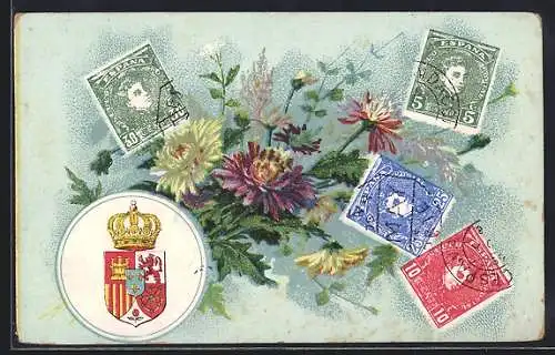 AK Spanische Briefmarken mit Blumen und Königl. Wappen