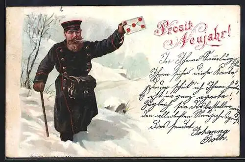 AK Prosit Neujahr, Briefträger mit Brief im hohen Schnee