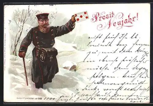 AK Prosit Neujahr, Briefträger mit Brief im hohen Schnee