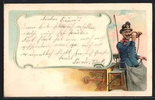 AK Postillion mit Horn auf seiner Kutsche