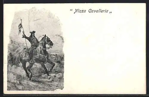 Künstler-AK Nizza Cavalleria, Soldat zu Pferde mit Fahne