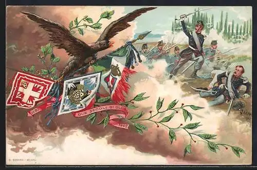 Künstler-Lithographie Deu secoli di Gloria, Fahnen der italienischen Armee