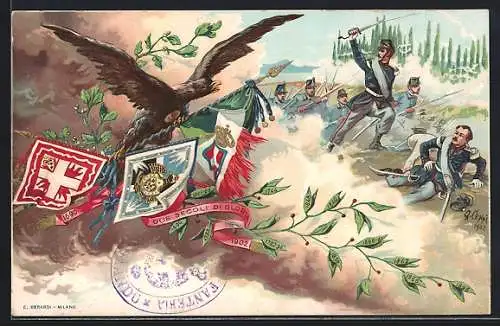 Künstler-Lithographie Deu secoli di Gloria, Fahnen der italienischen Armee