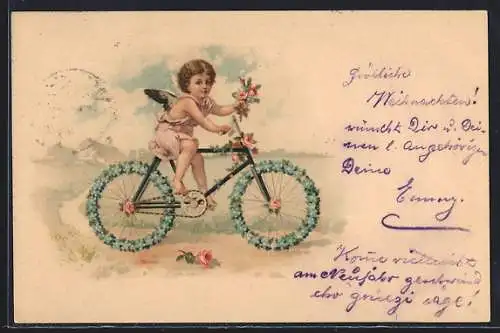 AK Engel auf Fahrrad mit einen Blumenstrauss