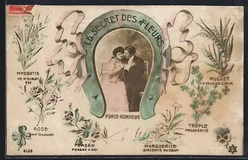 AK Le Secret des Fleurs, Porte Bonheur, Liebespaar im Hufeisen, Blumensprache