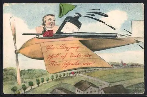 AK Aufforderung an Schreibfaule, Flugzeug mit Tintenfass und Federhalter