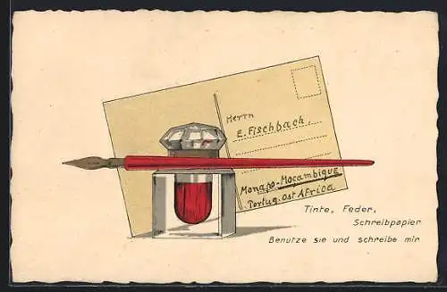 AK Tintenfässchen mit Feder und Postkarte