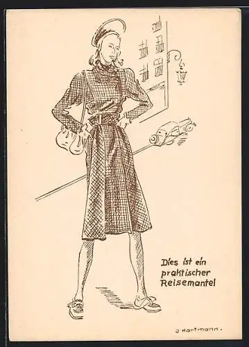 Künstler-AK Düsseldorf, Reklame des Modekarten Merkur-Verlag, Frau in einem sportlichen Mantel