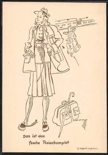 Künstler-AK Reisecomplet aus grünen Wollstoff mit loser, brauner Jacke, Mode