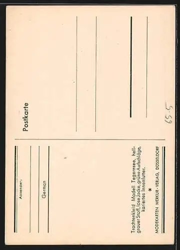 Künstler-AK Düsseldorf, Reklame des Modekarten Merkur-Verlag, Dame im Trachtenkleid Modell Tegernsee